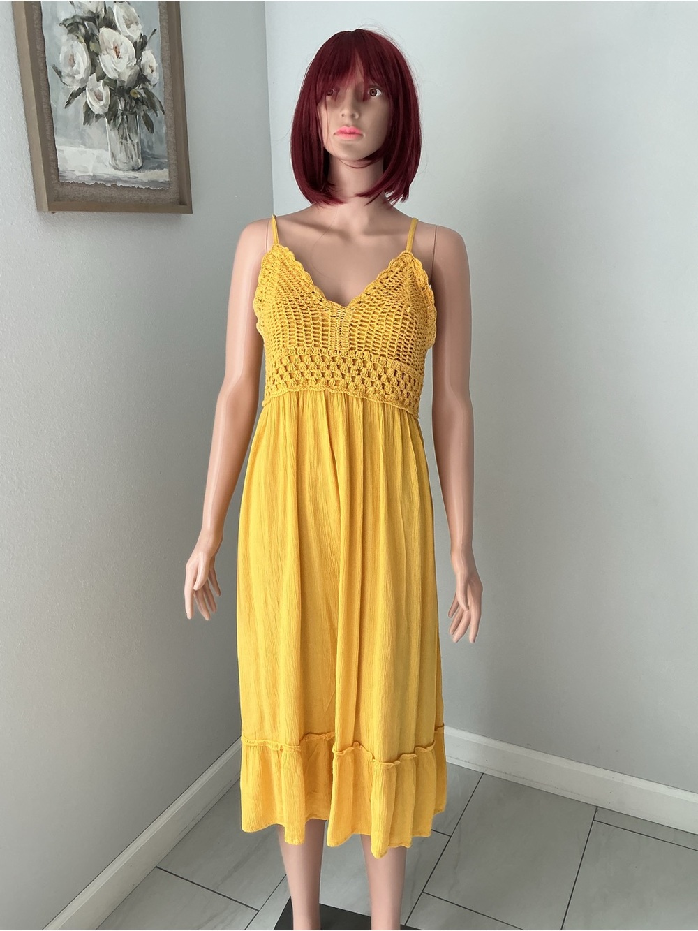 Blush Yellow Crochet Bodice Midi Sundress XL